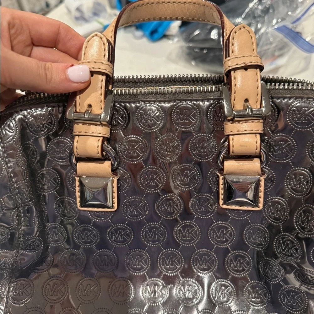 Michael Kors Shiny Silver and Tan Satchel